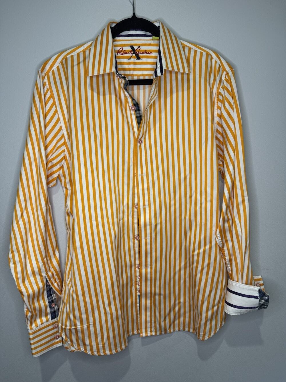 Robert Graham X Collection White Orange Striped Flip Cuff Slim Fit Shirt Size L
